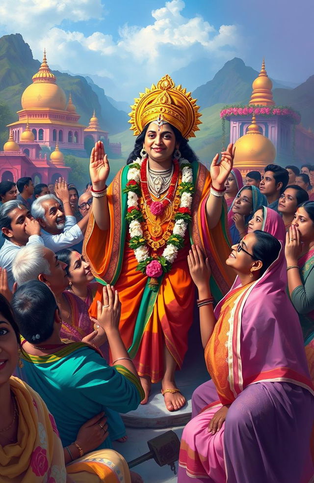 A vibrant digital painting depicting Chaitanya Mahaprabhu, the 15th-century saint and founder of the Gaudiya Vaishnavism tradition in Hinduism, surrounded by a diverse group of Indian people, deeply engaged in worship and devotion