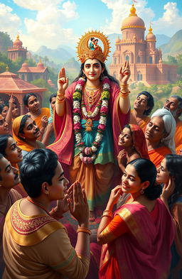 A vibrant digital painting depicting Chaitanya Mahaprabhu, the 15th-century saint and founder of the Gaudiya Vaishnavism tradition in Hinduism, surrounded by a diverse group of Indian people, deeply engaged in worship and devotion