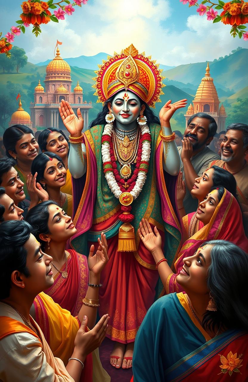 A vibrant digital painting depicting Chaitanya Mahaprabhu, the 15th-century saint and founder of the Gaudiya Vaishnavism tradition in Hinduism, surrounded by a diverse group of Indian people, deeply engaged in worship and devotion