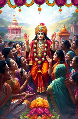 A vibrant digital painting depicting Chaitanya Mahaprabhu, the 15th-century saint and founder of the Gaudiya Vaishnavism tradition in Hinduism, surrounded by a diverse group of Indian people, deeply engaged in worship and devotion