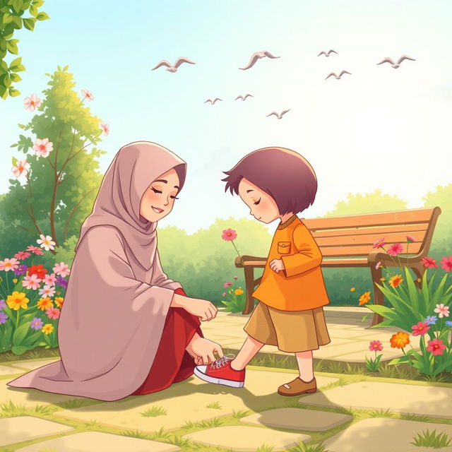 A sunny garden scene depicting a Muslim mother kneeling beside her child, tying their shoelaces with care