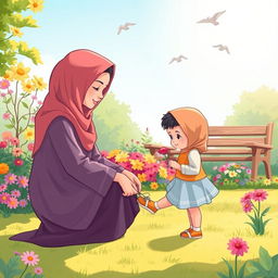 A sunny garden scene depicting a Muslim mother kneeling beside her child, tying their shoelaces with care