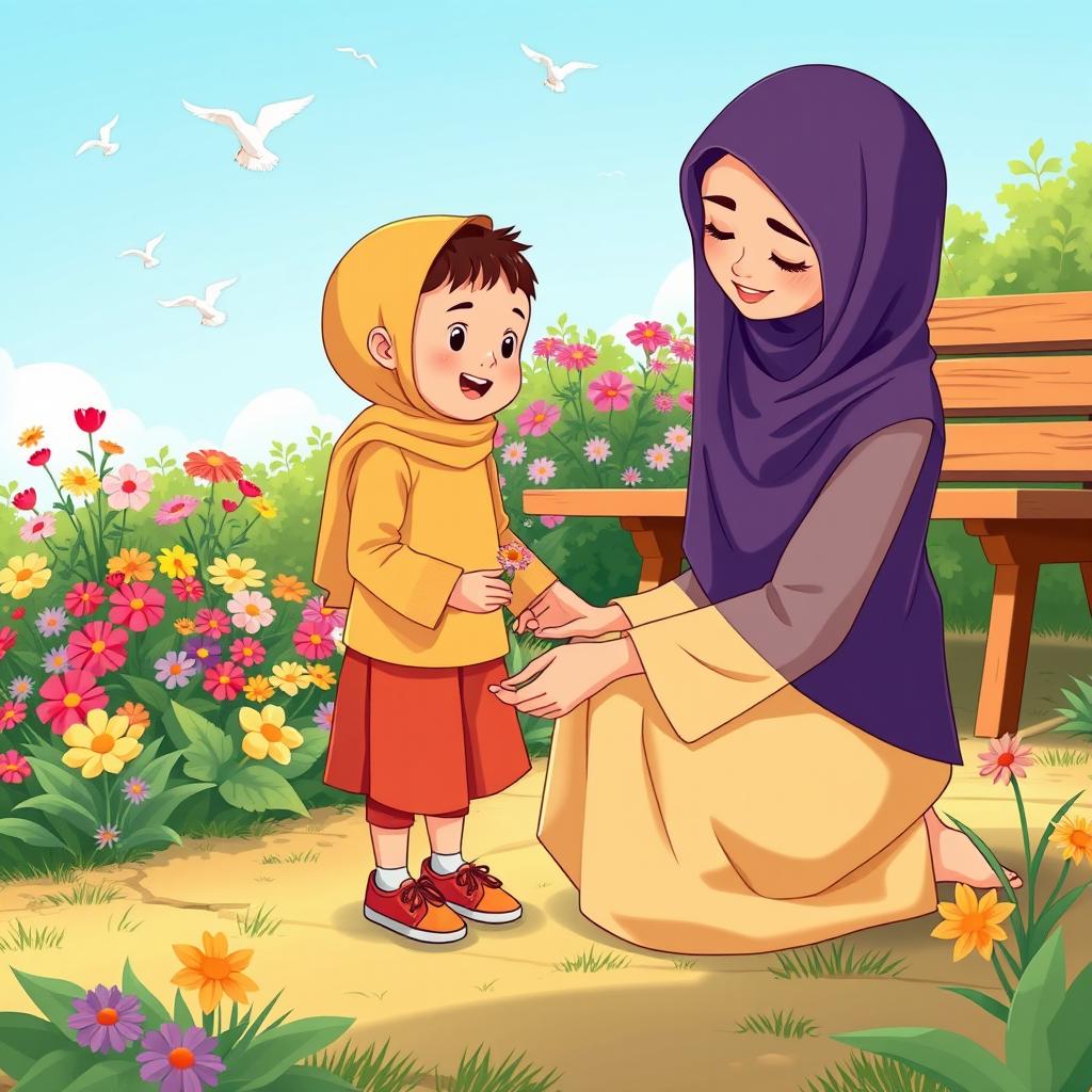 A sunny garden scene depicting a Muslim mother kneeling beside her child, tying their shoelaces with care