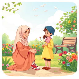 A sunny garden scene depicting a Muslim mother kneeling beside her child, tying their shoelaces with care