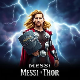 A vibrant and imaginative movie poster featuring a character inspired by Lionel Messi, depicted as Thor