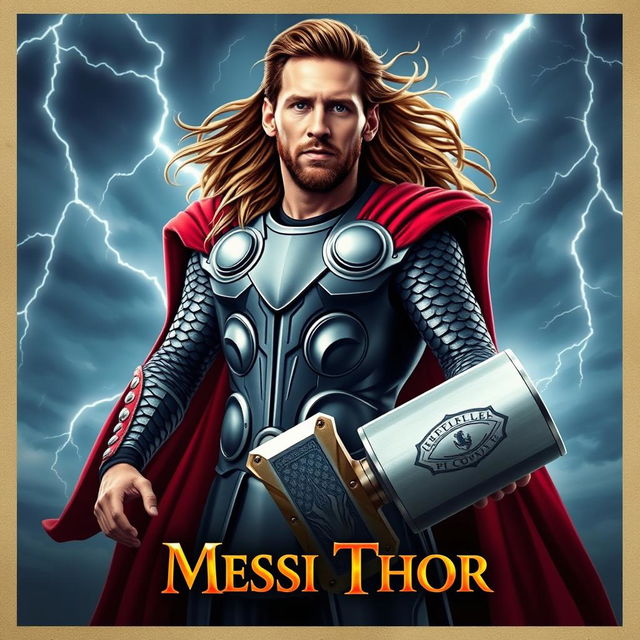 A vibrant and imaginative movie poster featuring a character inspired by Lionel Messi, depicted as Thor