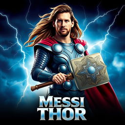 A vibrant and imaginative movie poster featuring a character inspired by Lionel Messi, depicted as Thor