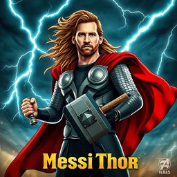 A vibrant and imaginative movie poster featuring a character inspired by Lionel Messi, depicted as Thor