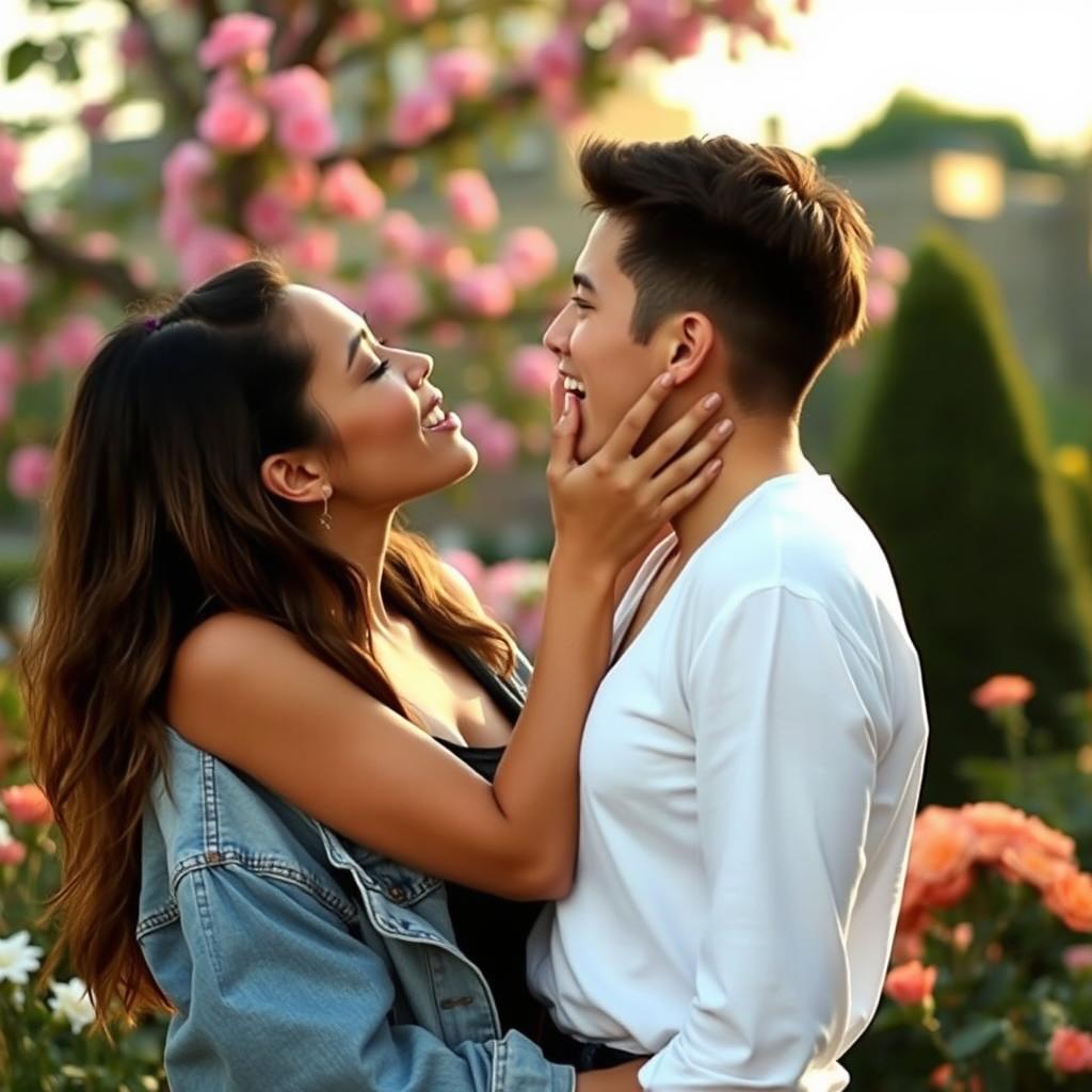 Two young adults passionately kissing in a romantic setting, surrounded by soft lighting and beautiful flowers