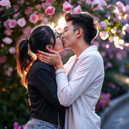 Two young adults passionately kissing in a romantic setting, surrounded by soft lighting and beautiful flowers