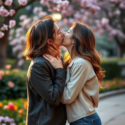 Two young adults passionately kissing in a romantic setting, surrounded by soft lighting and beautiful flowers