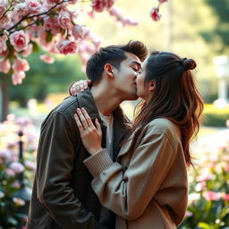 Two young adults passionately kissing in a romantic setting, surrounded by soft lighting and beautiful flowers