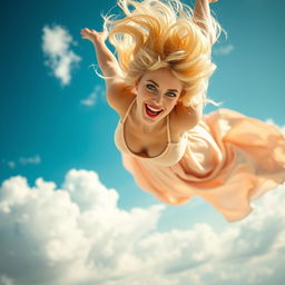 A sexy blonde girl with striking blue eyes and vibrant red lips, gracefully falling from the sky with a seductive smile