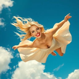 A sexy blonde girl with striking blue eyes and vibrant red lips, gracefully falling from the sky with a seductive smile