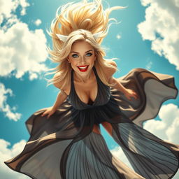 A sexy blonde girl with striking blue eyes and vibrant red lips, gracefully falling from the sky with a seductive smile