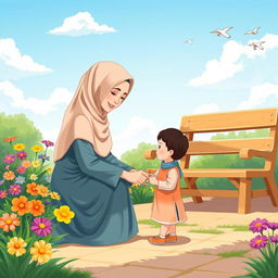 A sunny garden scene featuring a Muslim mother kneeling beside her child