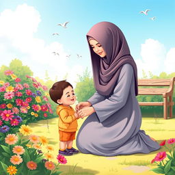 A sunny garden scene featuring a Muslim mother kneeling beside her child