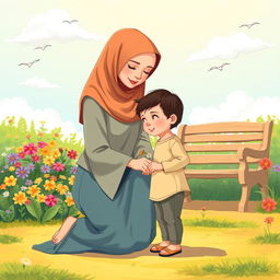 A sunny garden scene featuring a Muslim mother kneeling beside her child