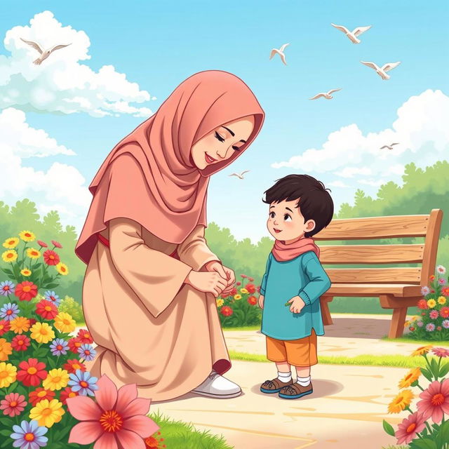 A sunny garden scene featuring a Muslim mother kneeling beside her child