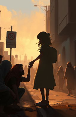 A digital painting capturing the shadow of a kind-hearted girl, gently helping a group of poor beggars in a warm, urban setting