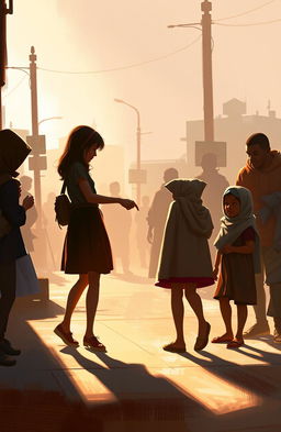 A digital painting capturing the shadow of a kind-hearted girl, gently helping a group of poor beggars in a warm, urban setting