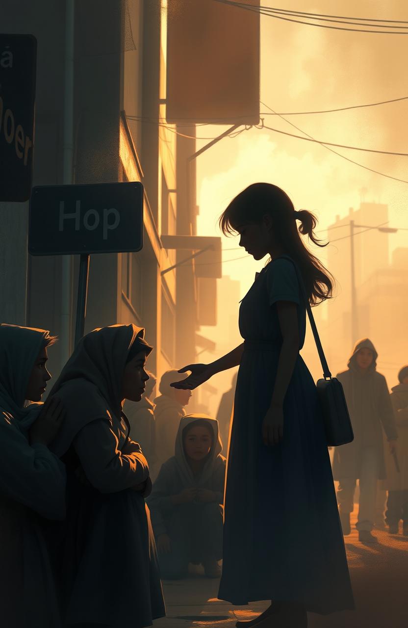 A digital painting capturing the shadow of a kind-hearted girl, gently helping a group of poor beggars in a warm, urban setting