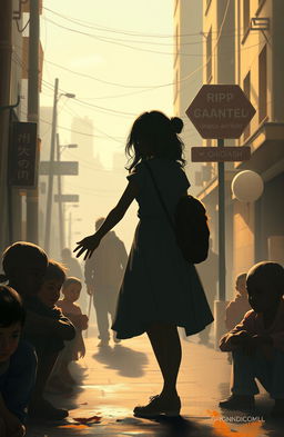 A digital painting capturing the shadow of a kind-hearted girl, gently helping a group of poor beggars in a warm, urban setting