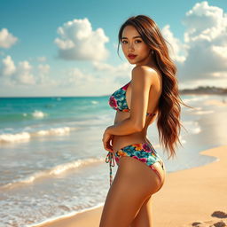 A stunningly beautiful Asian woman, 38 years old, exuding elegance and confidence, standing on a picturesque beach