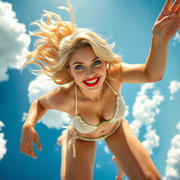 A beautiful sexy blonde girl with stunning blue eyes and vibrant red lips, wearing a tiny bikini, gracefully falling from the sky