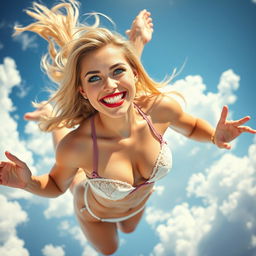 A beautiful sexy blonde girl with stunning blue eyes and vibrant red lips, wearing a tiny bikini, gracefully falling from the sky