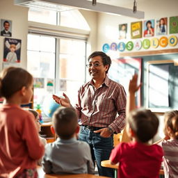 A charismatic teacher standing in a vibrant classroom filled with colorful educational materials, interacting enthusiastically with a group of engaged students