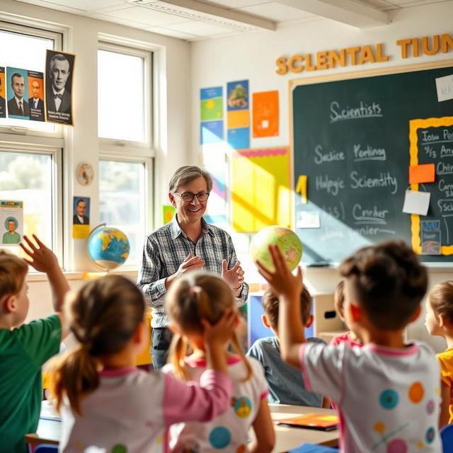 A charismatic teacher standing in a vibrant classroom filled with colorful educational materials, interacting enthusiastically with a group of engaged students