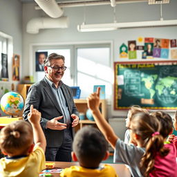 A charismatic teacher standing in a vibrant classroom filled with colorful educational materials, interacting enthusiastically with a group of engaged students