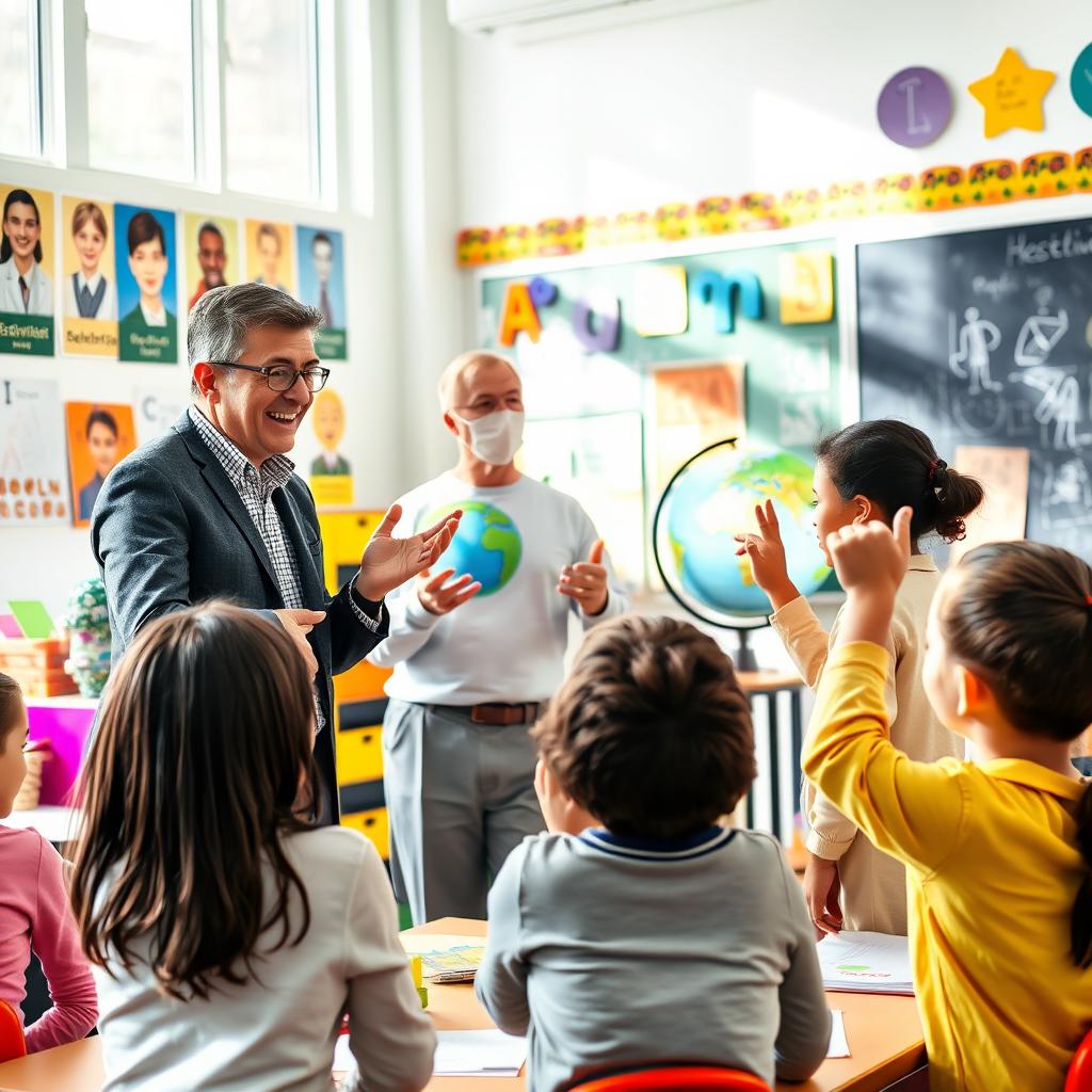 A charismatic teacher standing in a vibrant classroom filled with colorful educational materials, interacting enthusiastically with a group of engaged students