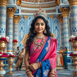 A high-resolution, medium shot of a very cute and beautiful Indian actress, framed from the waist up