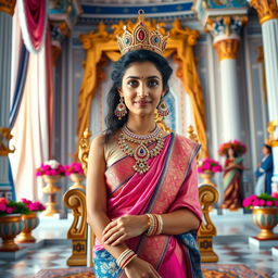 A high-resolution, medium shot of a very cute and beautiful Indian actress, framed from the waist up
