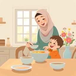 A warm kitchen scene where a Muslim mother, wearing a soft hijab, is lovingly serving a bowl of soup to her child sitting at the dining table
