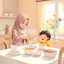 A warm kitchen scene where a Muslim mother, wearing a soft hijab, is lovingly serving a bowl of soup to her child sitting at the dining table