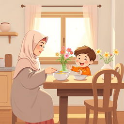 A warm kitchen scene where a Muslim mother, wearing a soft hijab, is lovingly serving a bowl of soup to her child sitting at the dining table