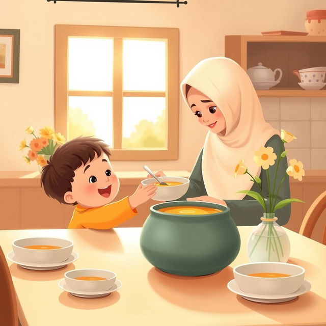 A warm kitchen scene where a Muslim mother, wearing a soft hijab, is lovingly serving a bowl of soup to her child sitting at the dining table