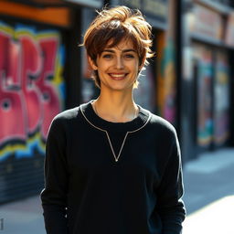 A fashionable individual standing confidently wearing a stylish black sweater featuring a distinctive line design around the neckline