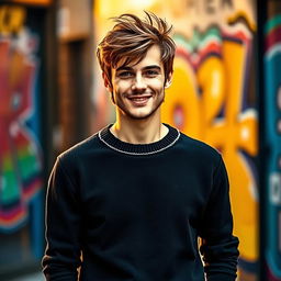 A fashionable individual standing confidently wearing a stylish black sweater featuring a distinctive line design around the neckline