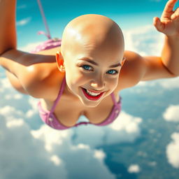 A sexy bald girl wearing a tiny bikini, showcasing bright blue eyes and luscious red lips, gracefully falling from the sky