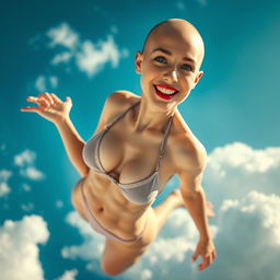 A sexy bald girl wearing a tiny bikini, showcasing bright blue eyes and luscious red lips, gracefully falling from the sky