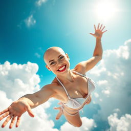 A sexy bald girl wearing a tiny bikini, showcasing bright blue eyes and luscious red lips, gracefully falling from the sky