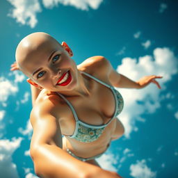 A sexy bald girl wearing a tiny bikini, showcasing bright blue eyes and luscious red lips, gracefully falling from the sky