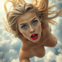 A sexy nude blonde girl with striking blue eyes and vibrant red lips is gracefully falling from the sky, her long hair flowing around her as she descends