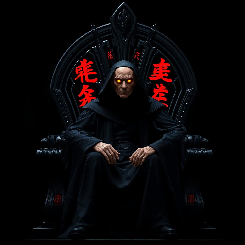 Emperor Palpatine with glowing yellow eyes, seated on a completely black throne adorned with vibrant red Aurebesh script set against a stark black background