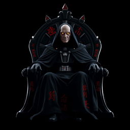 Emperor Palpatine with glowing yellow eyes, seated on a completely black throne adorned with vibrant red Aurebesh script set against a stark black background