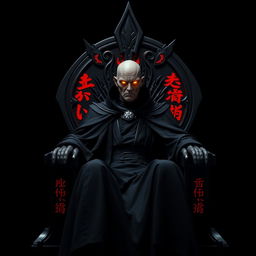 Emperor Palpatine with glowing yellow eyes, seated on a completely black throne adorned with vibrant red Aurebesh script set against a stark black background